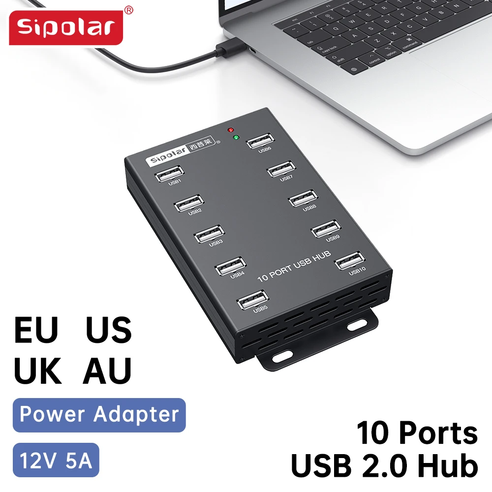Sipolar A-300 10 ports USB 2.0 hub metal   with 12V 5A 60W powered adapter for tablets PC tablets mobile phone Charging Station