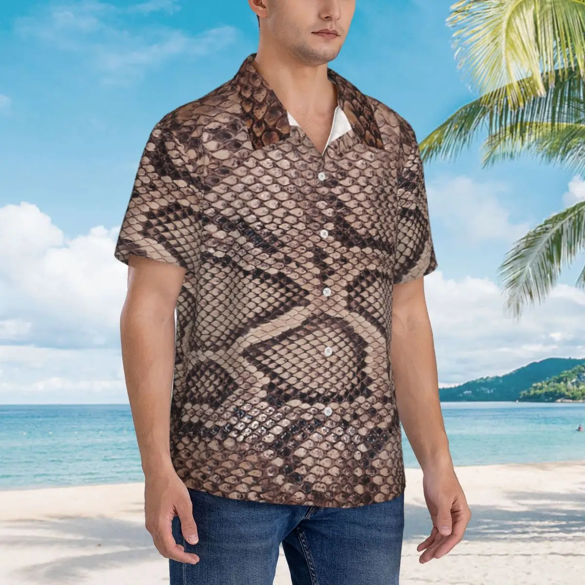 Brown Snakeskin Beach Shirt Animal Print Summer Casual Shirts Men Vintage Blouses Short Sleeve Stylish Custom Clothing