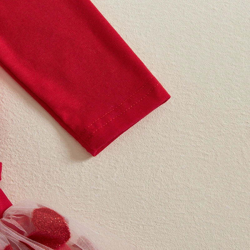 Suefunskry 여아용 발렌타인 데이 의상, 레터 프린트, 긴팔 롬퍼, 하트 얇은 명주 그물 스커트, 귀여운 머리띠, 3 종 세트