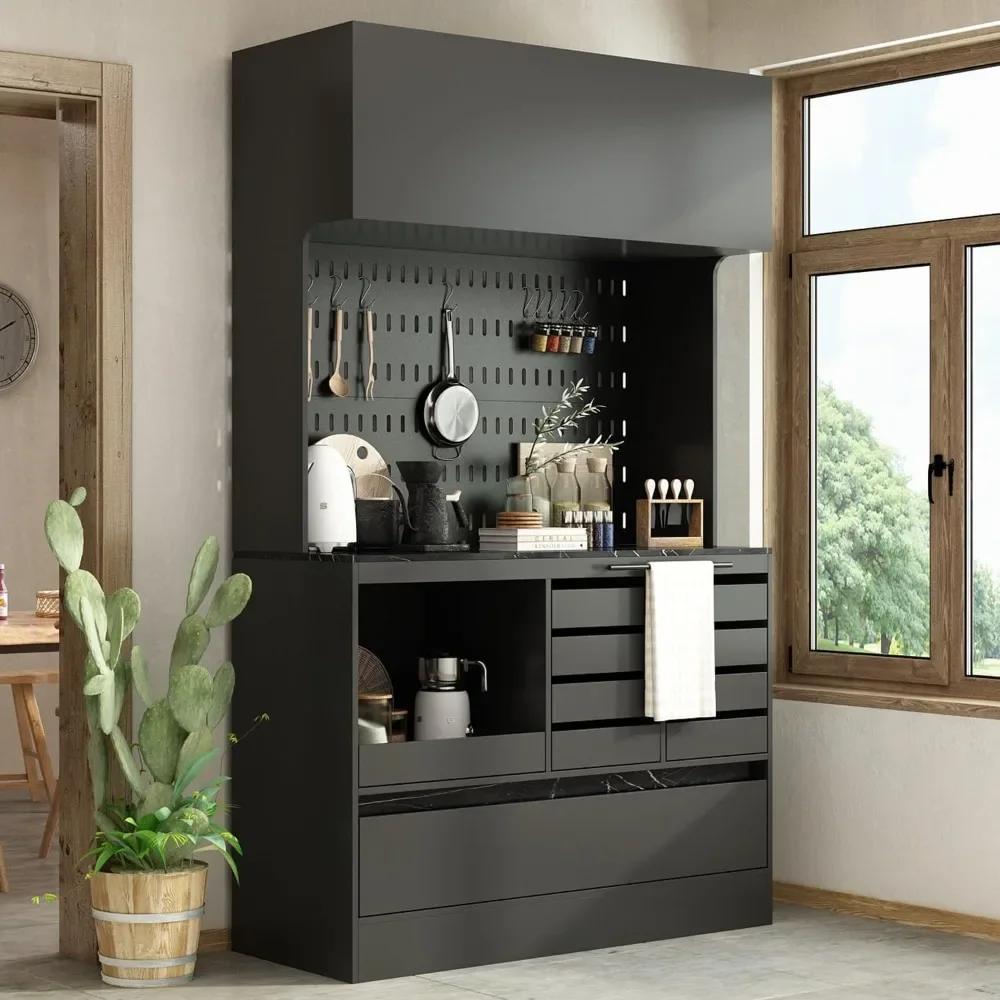 

Kitchen Hutch Pantry Cabinet Set with Pegboard, Large Storage Cupboard Pantry with Marble Texture Tabletop, 10 Drawers