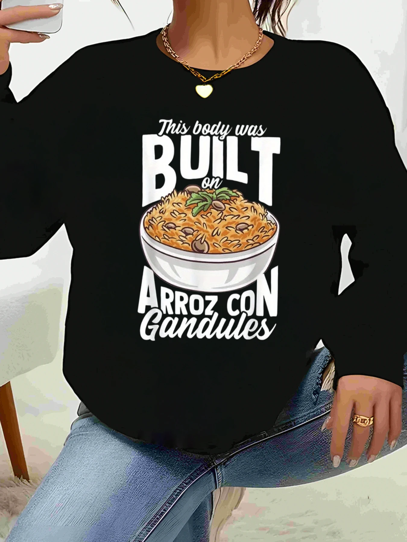 Felpa a maniche lunghe con stampa Arroz Con Gandules per donna Abbigliamento casual Moda amante degli alimenti