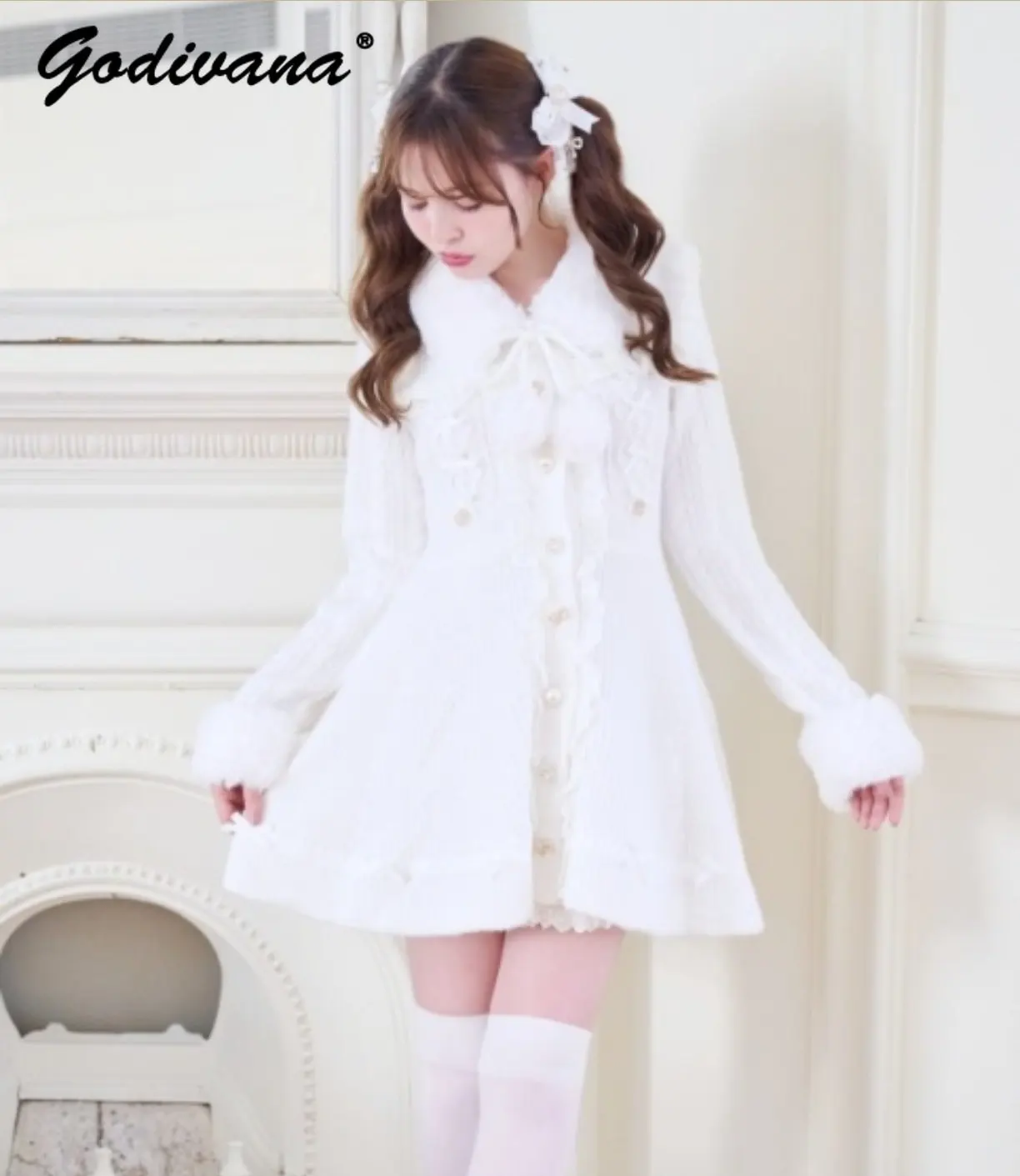Japanese Liz Detachable Fur Collar Lolita Sweet Fur Sleeves Long Sleeve Knitted Dress Girl Women Autumn and Winter Sweater Dress