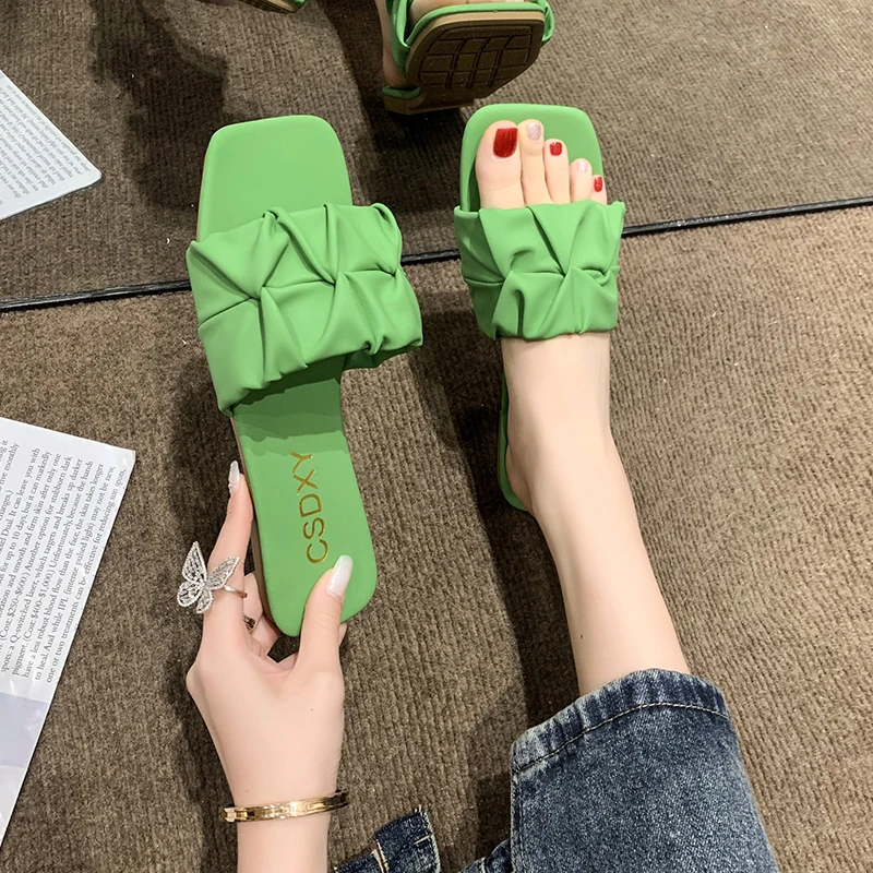 Summer Slippers For Women Flats 2024 New Pleated Korean Slippers Women Sandals Green Slip On Shoes Big Size 35-42