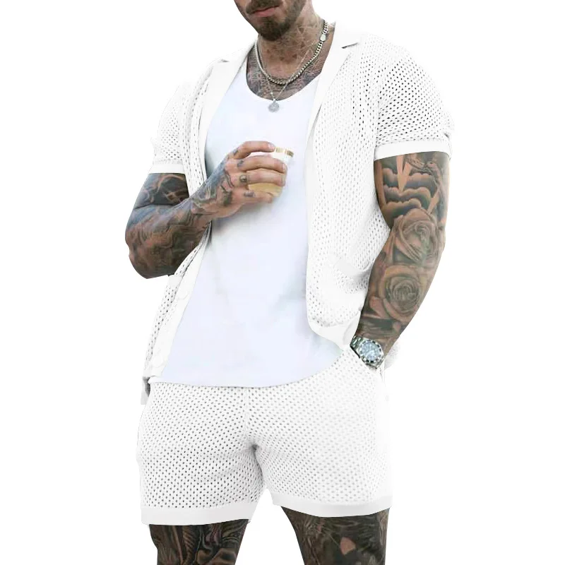 European American Men Set Knitted Short Sleeved Vest Shorts Casual Sports Fashion Casual Breathable Mesh Fabric Men\'s Clothing