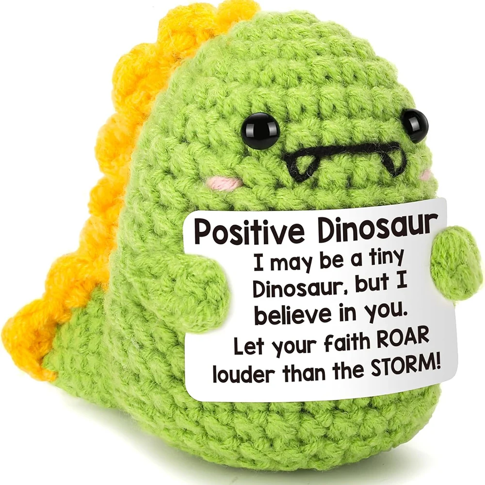 New Positive Crochet Dinosaur Doll with Encouraging Card Home Room Decoration Handmade Knitted Dinosaur Ornament Christmas Gift