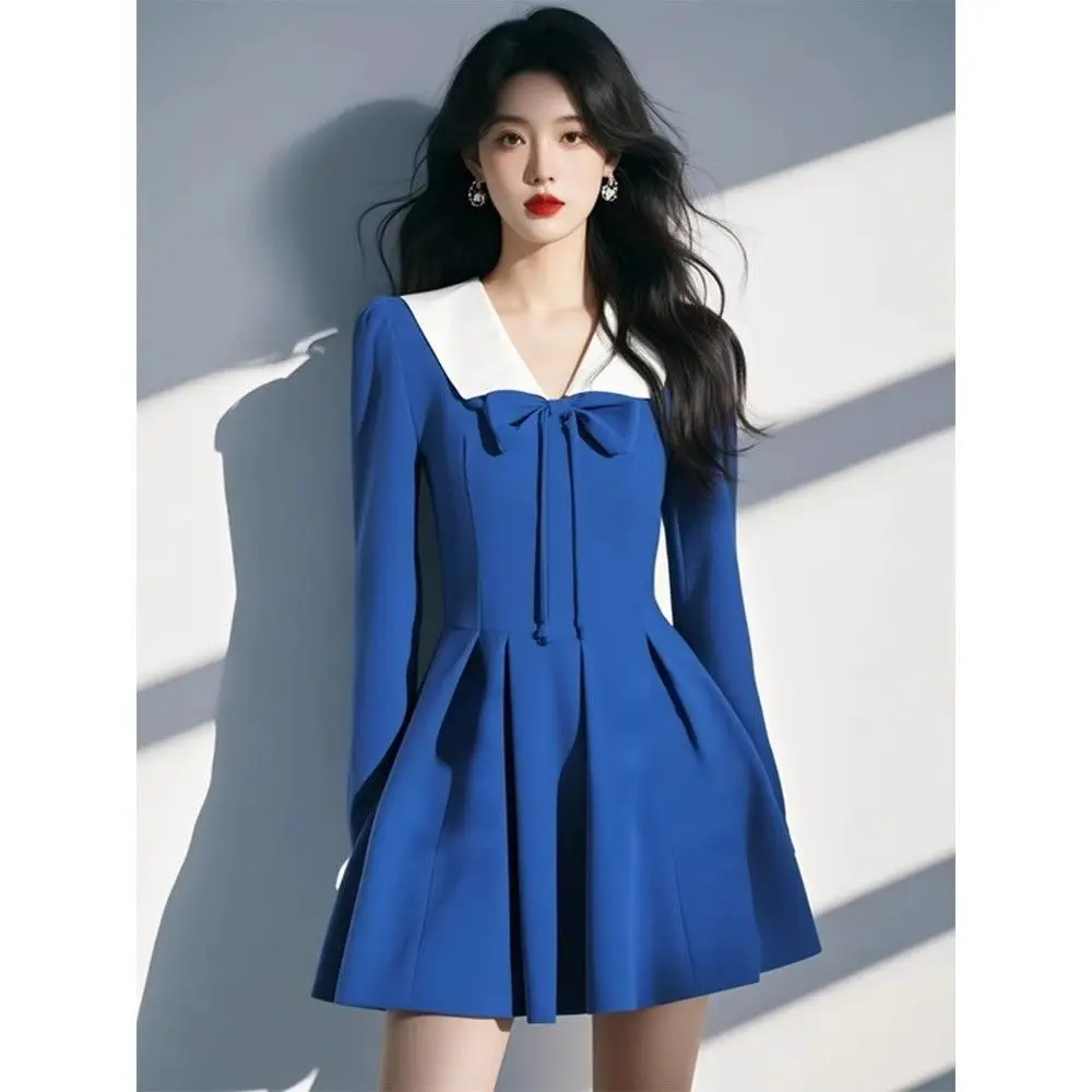 

2025 Spring French Blue Bow A-line Short Dress for Women Fashion Street Elegant Commuting Lady Dress Women Clothing Vestidos