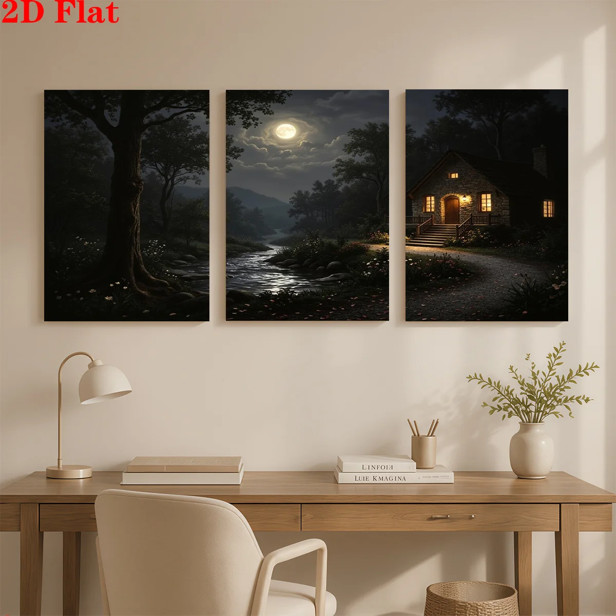 Frameless canvas 2D 3pcs Canvas Art Wall Hanging- A moonlit cottage by a stream. Suitable for Decorating Offices, Dining Room