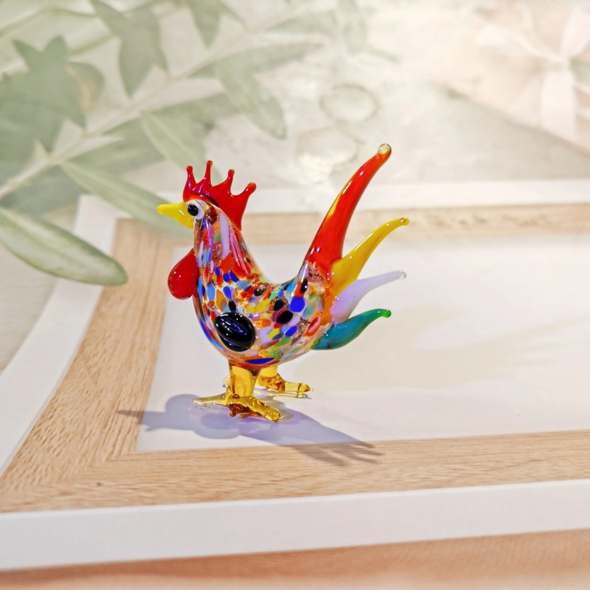 Handmade Glass Millefiori Rooster Figurine - Colorful Glass Animal Decor, Cartoon Pop Art Statue for Home, Desk, Collectio