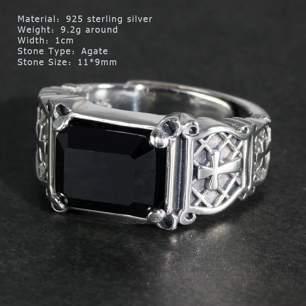 Vintage Punk Silver 925 Jewelry Signet Mens Rings Cross Engraving Natural Black Stone Onyx Rings Christian Jewelry Opening Type