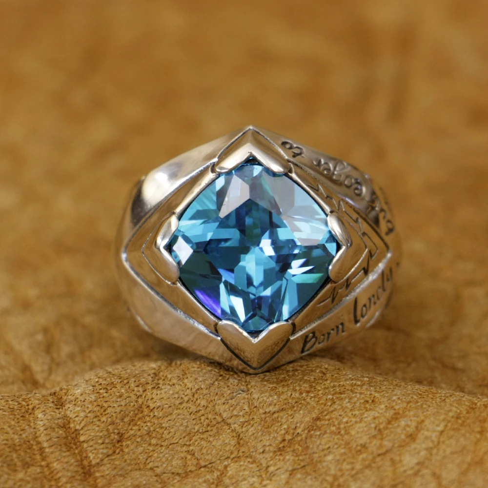 

925 Sterling Silver Blue CZ Stone Words on Ring Charms Heart Ring TA503 US Size 4~13