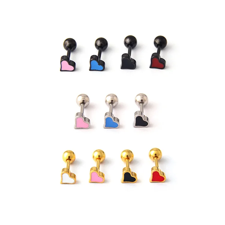 1PC Fashion Rainbow Enamel Heart Earring Stainless Steel Tragus Cartilage Helix Studs Earrings For Women Screw Piercings Jewelry