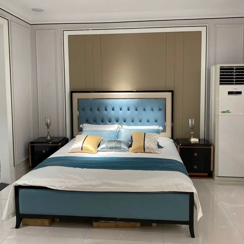 Italian light luxury solid wood bedroom bed, simple suite master guest bedroom leather double bed villa hotel wedding