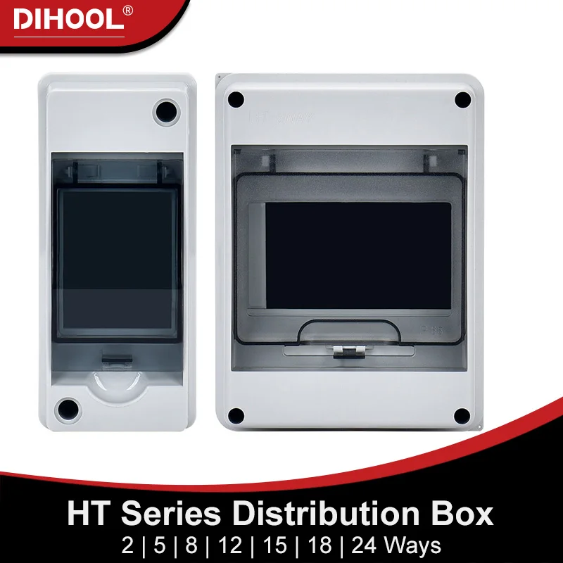 

HT Series Outdoor Waterproof Electrical Distribution Box 2/5/8/12/15/18/24 Ways MCB Switch PC Plastic Junction Wire Box IP65