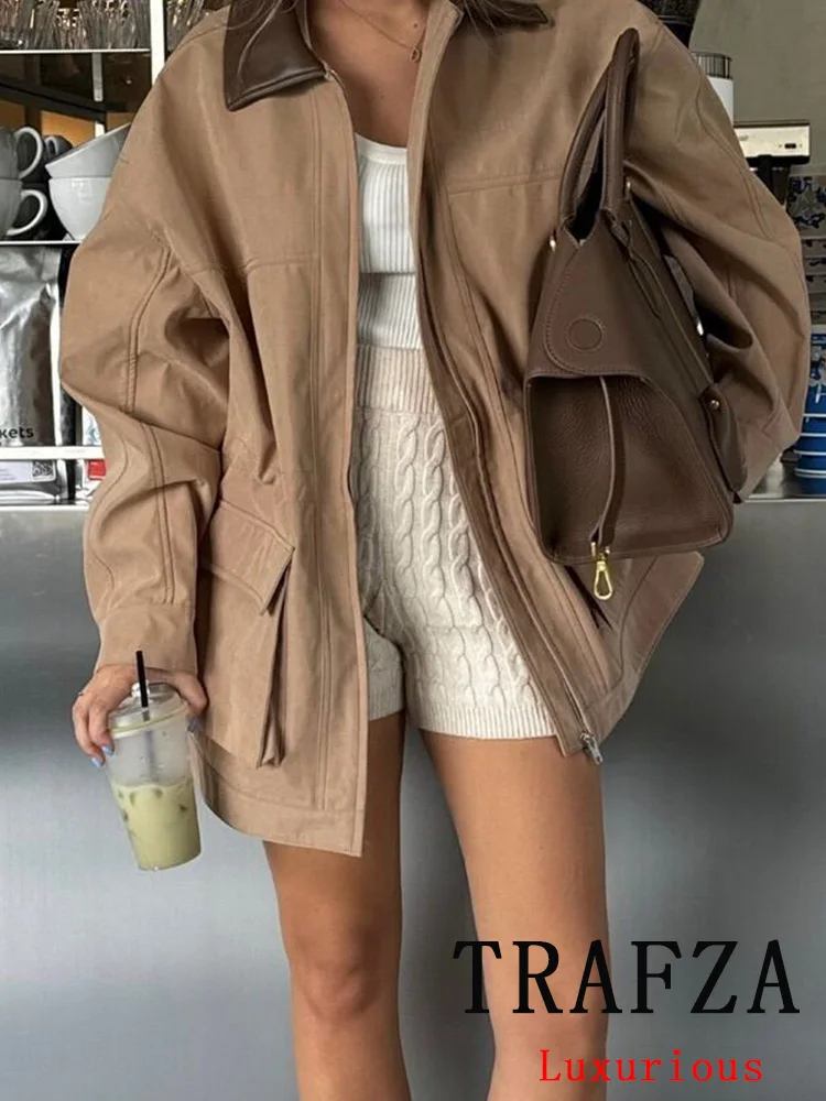 TRAFZA Vintage Casual Chic Women Jackets Solid Turn-down Collar Zipper Pockets Loose Long Coats New Fashion 2024 Autumn Outwears