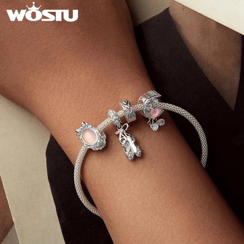 WOSTU 925 Sterling Silver Pink Dreamy Moon Charm Heart Clip Beads Ballet Shoe Bear Pendant Fit Original Bracelet DIY Necklace