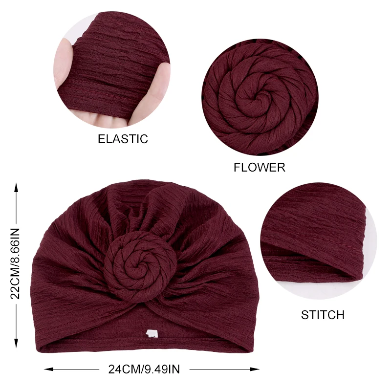 New Women Flower Knotted Turban Hats Vintage Solid Color Elastic Head Scarf Pre Tied Beanies Chemo Cap Hair Loss Wrap Headband