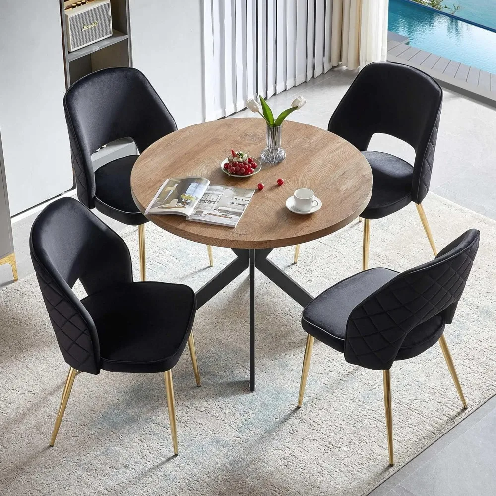 5-Pieces 37-Inch Dining Table Set for 4 - Space Saving Round Table and Chairs with 4 Seaters Velvet Upholstered Chairs