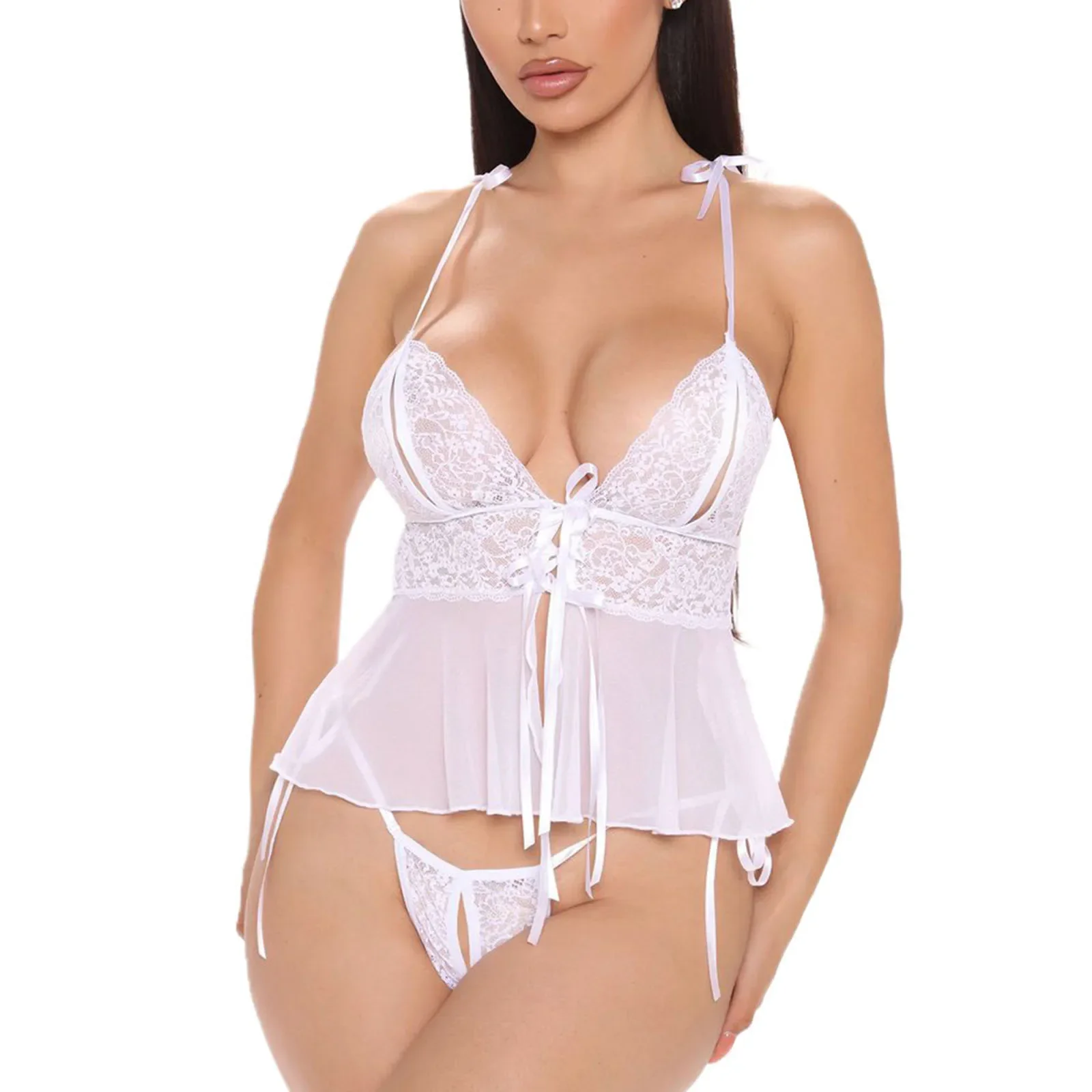 Sexy Babydoll Lingerie Set Solid Color Strappy Ruffle Tank Tops Underwear and G-string Sleepwear Erotic Sex Costume Two-piece