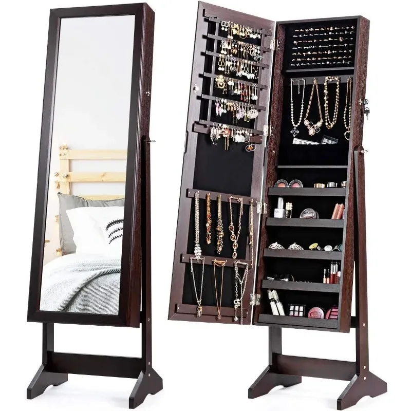 

Jewelry Cabinet Armoire with Full-Length Mirror, Freestanding Lockable, Mirrored Wooden Jewelry Cabinet, 4 Angle Adjustable