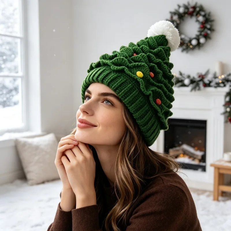 New Knitted Christmas Tree Beanie Autumn Winter Warm Festival Party Performance Hat With Pom Pom Decor