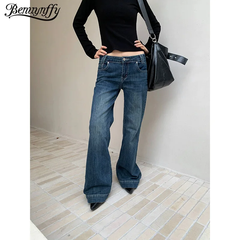 

Benuynffy Retro Street Washed Flared Jeans Women 2025 Autumn Winter New Korean Fashion Y2k Low Waist Bell Bottom Denim Trousers