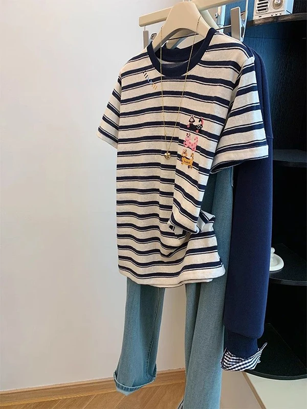 

plus Size 300 Pou Color Blo Striped Embroidery ort Sve T-irt Women Loose Korean Sle Summer Cotton Top