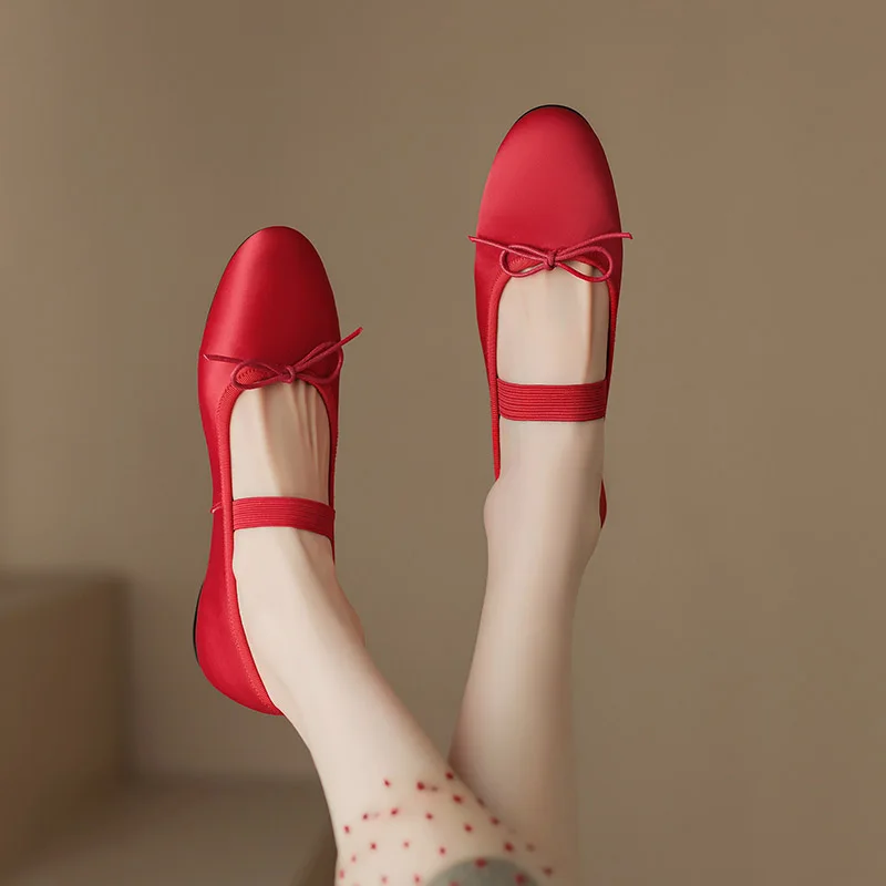 Phoentin Red Classic Ballet flats 2023 women satin Mary Janes shoes  low heel elegant soft dance bow pumps plus size 48 FT2556