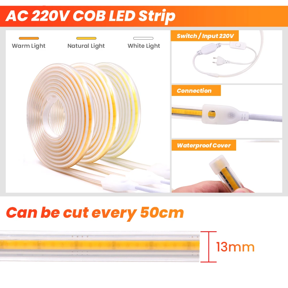 Bande lumineuse LED COB Super brillante, étanche IP65, AC220V 100M, 360 diodes/m, pour l\'extérieur, avec prise