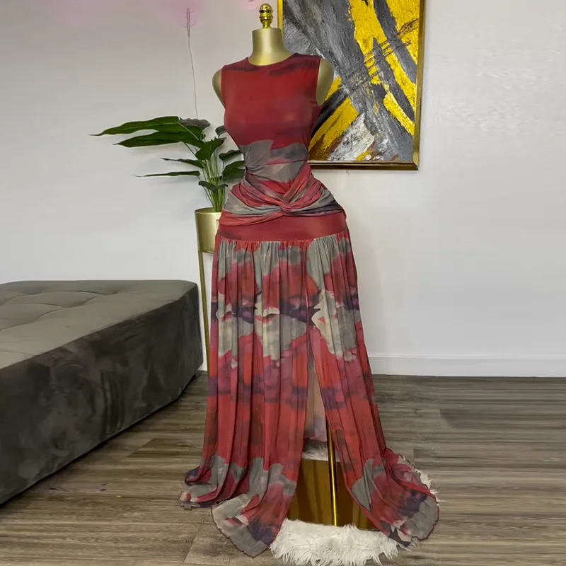 2026 Sommer Süßes Damen-Maxikleid Ärmellos Frisch Bedruckt Rundhals Hohe Taille Geschlitztes Vestidos Langes Kleid Y2K