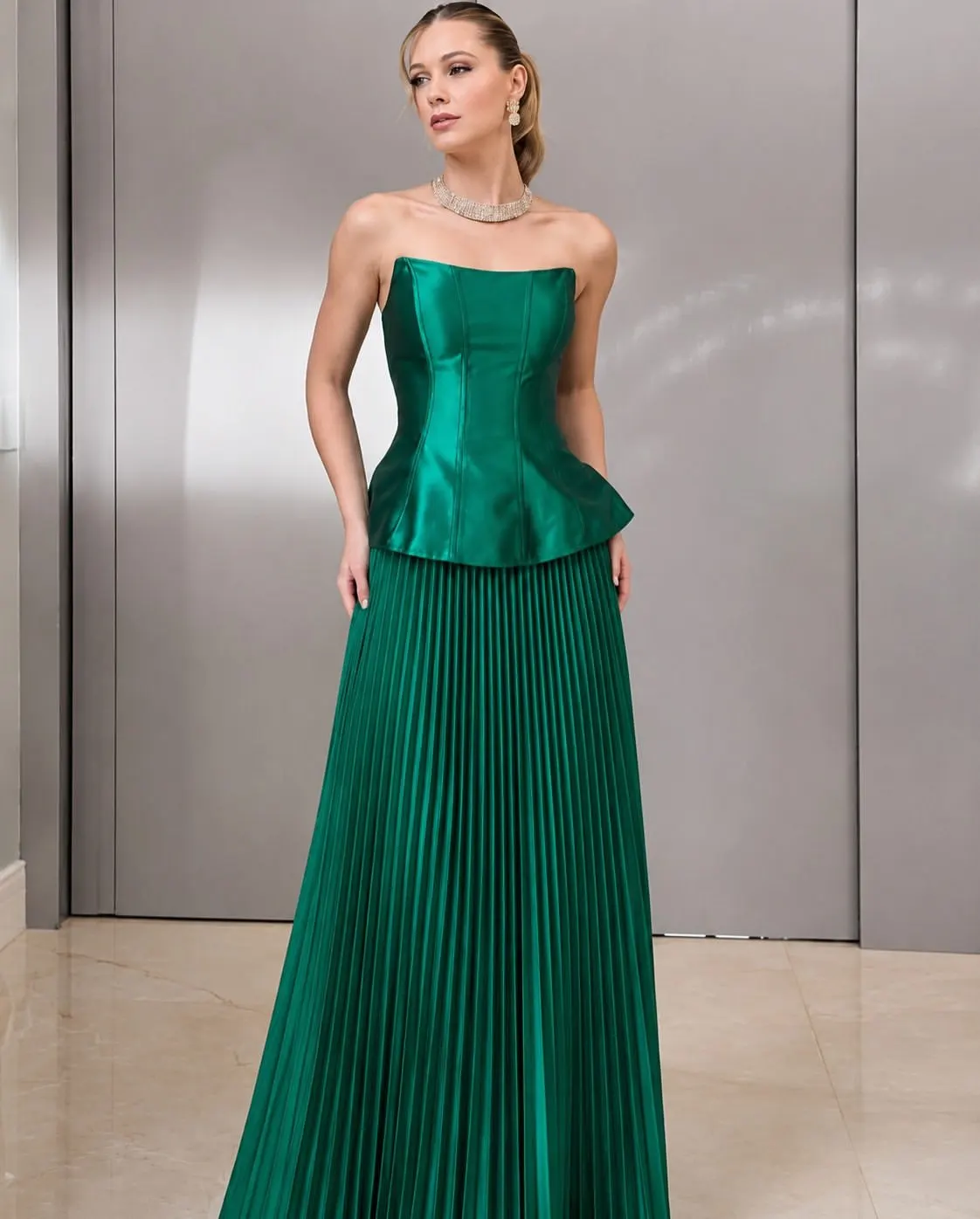 Emerald Green Evening Maxi Gown Straight Strapless Neckline Vertical Pleated Corset Peplum Top Premium Glossy Satin Fabric Multi