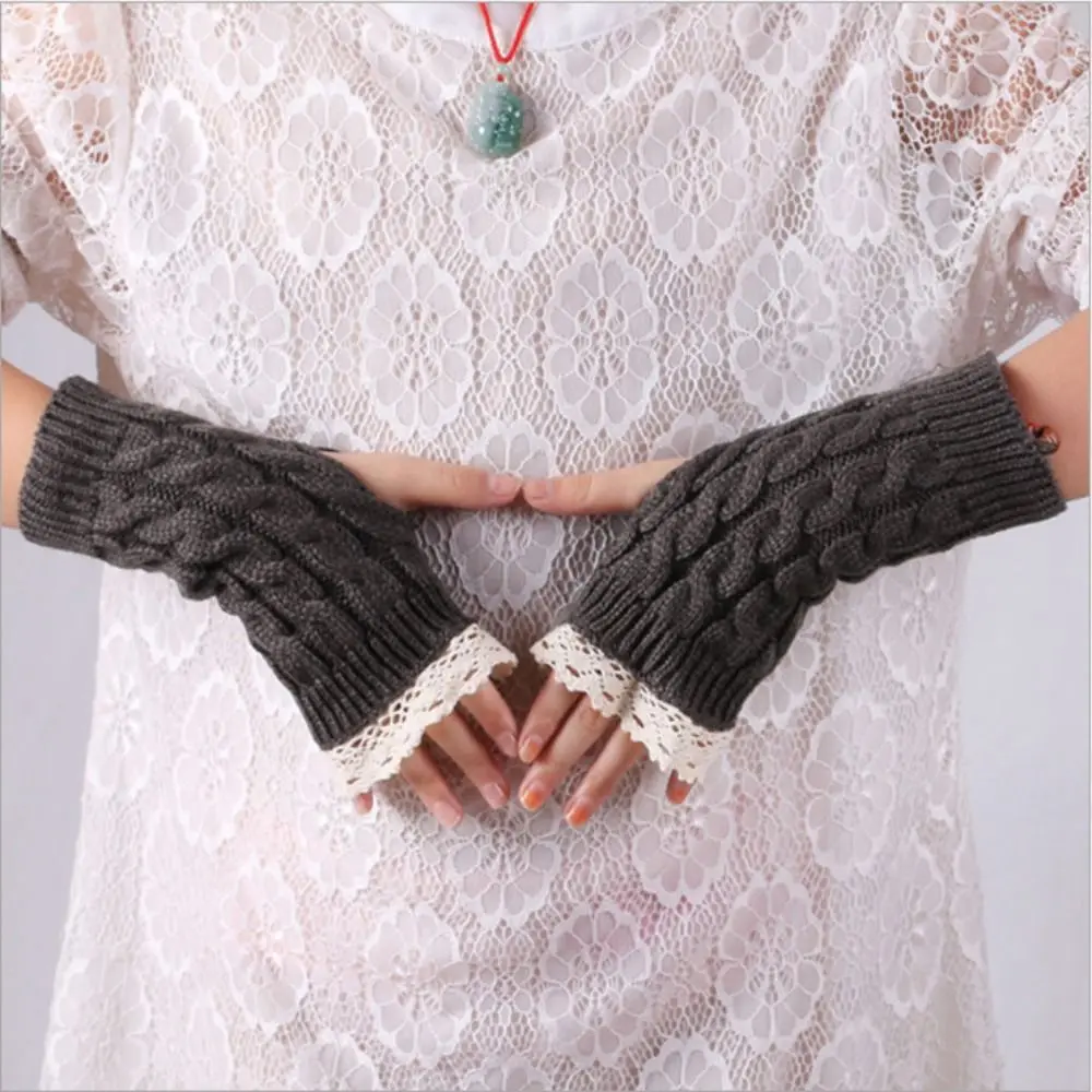 Lace Stitching Half Finger Gloves para mulheres, Luvas sem dedos de lã quente, Aquecedor de pulso curto, Inverno