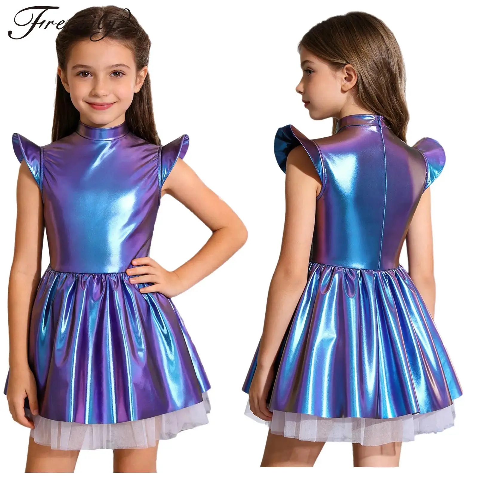 

Детский костюм инопланетянина для девочек, блестящее платье с воротником-стойкой и летящими рукавами, гофрированное платье для косплея для Галактического фэнтезийного мероприятия