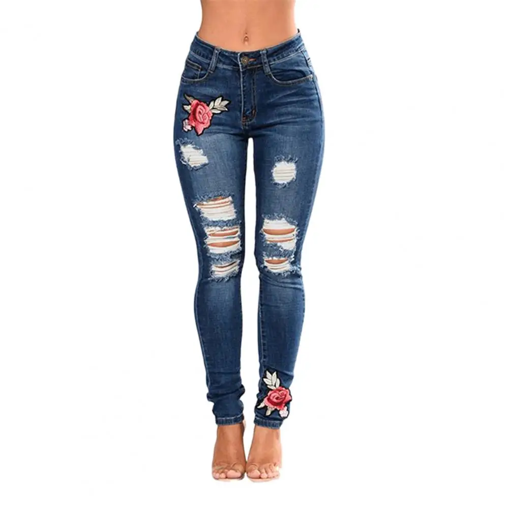 Women Ripped Hole Jeans Spring High Waist Stretch Skinny Butt Lifting Distressed Denim Female Pencil Pants Slim Trousers