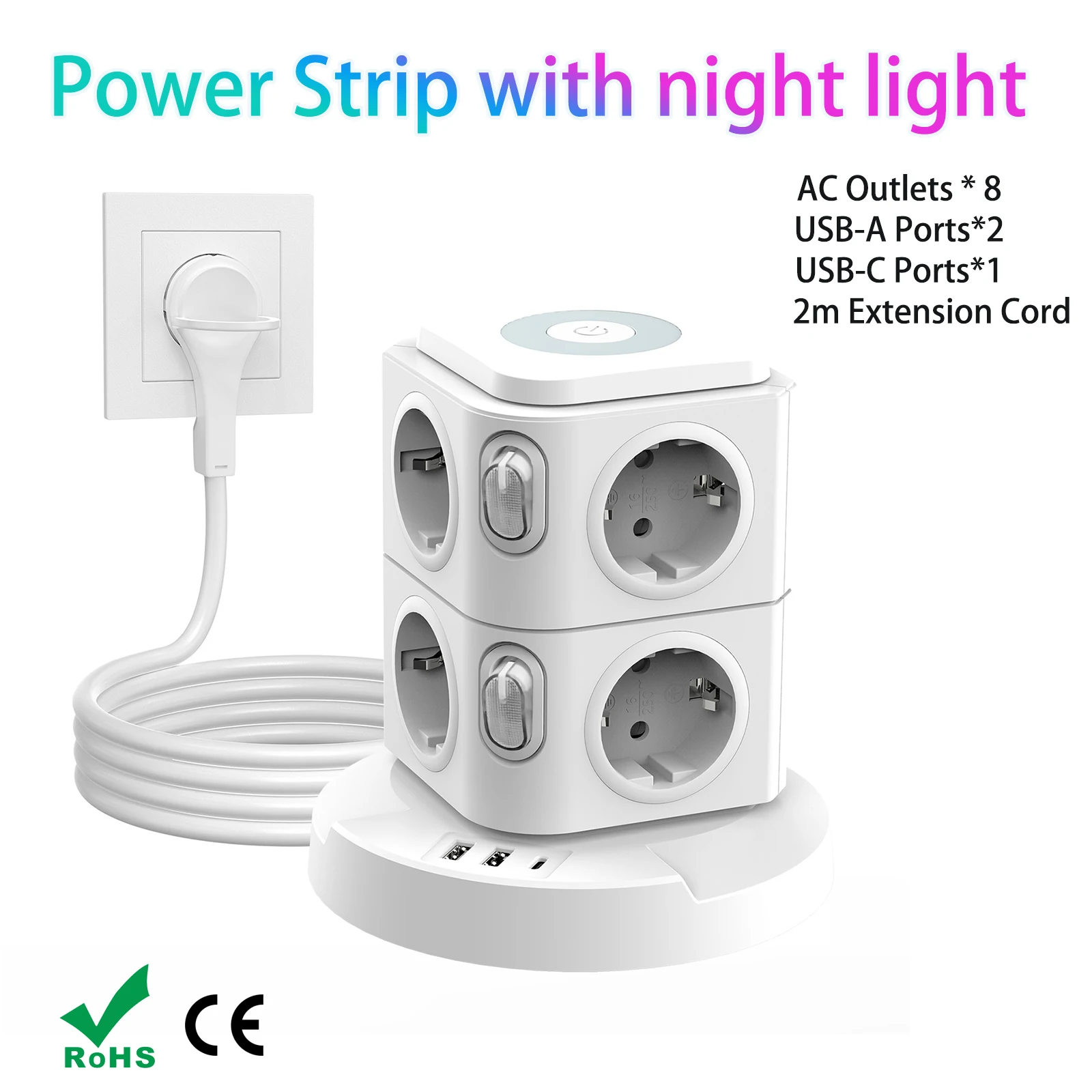 

8-way EU Power Socket Tower with Night Light, Multi-functional smart charging station USB fast charging, 2m extension cord