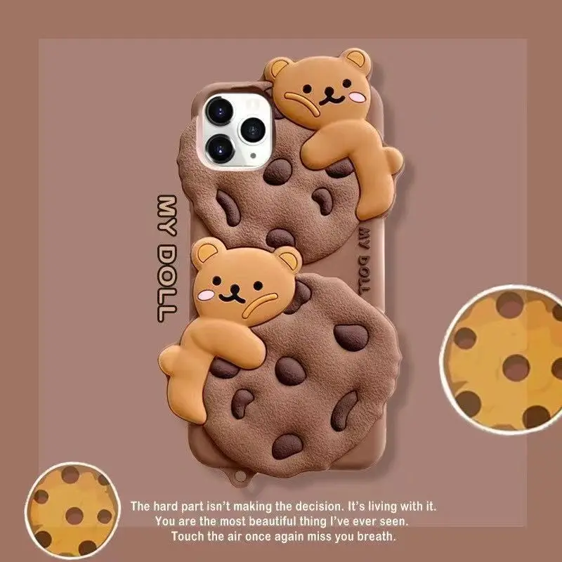 Cute Cartoon 3D czekoladowy futerał na ciasteczka dla iPhone 15 14 13 12 11 Pro XS Max XR 7 8 miękki silikonowy pokrowiec na smycz