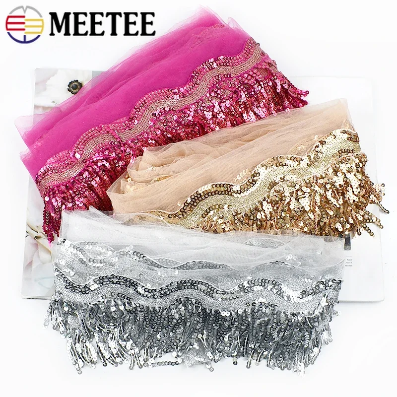 1-10Yards Meetee 8cm Sequin Tassel Fringe for Costume Sewing Wedding Dress Home Decor Lace Ribbon DIY Home Sew Crafts Acessories