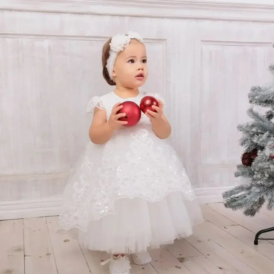 Vestido de renda branco marfim com lantejoulas para bebê, vestido com glitter, primeira comunhão, bata de aniversário recém-nascido, flor para menina, batizado