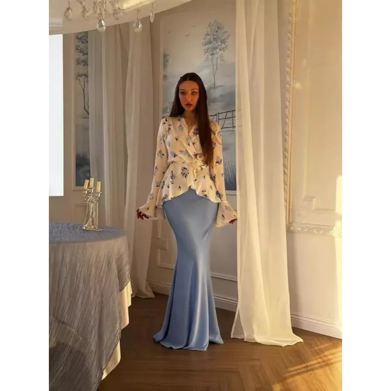 Women Ditsy Floral Co Ord Set V Neck Wrap Flare Long Sleeve Tie Waist Top Silky Satin Mermaid Floor Length Skirt Two Piece Suit view 5