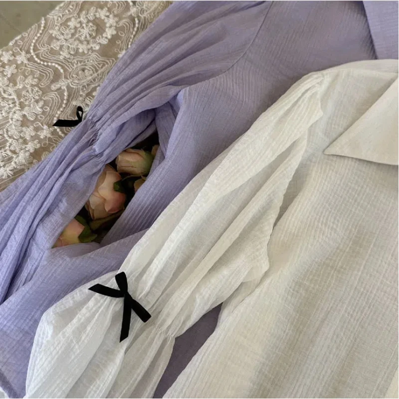 Temperamento doce doce cor puff manga camisa para primavera feminina novo design francês solto topo fino