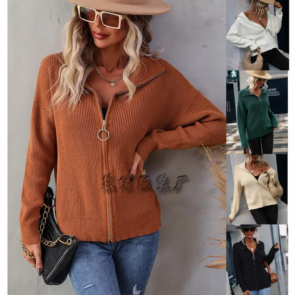 

Женский вязаный свитер с высоким вырезом на молнии, однотонный, осенне-зимний, длинный свек, модная повседневная одежда