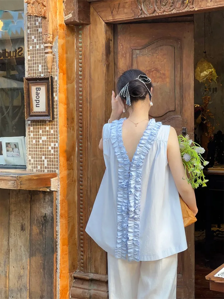 

Ретро-рубашка из хлопка для женщин, свободного кроя, с деревянными элементами декора на передней и задней стороне, из чистого хлопка.