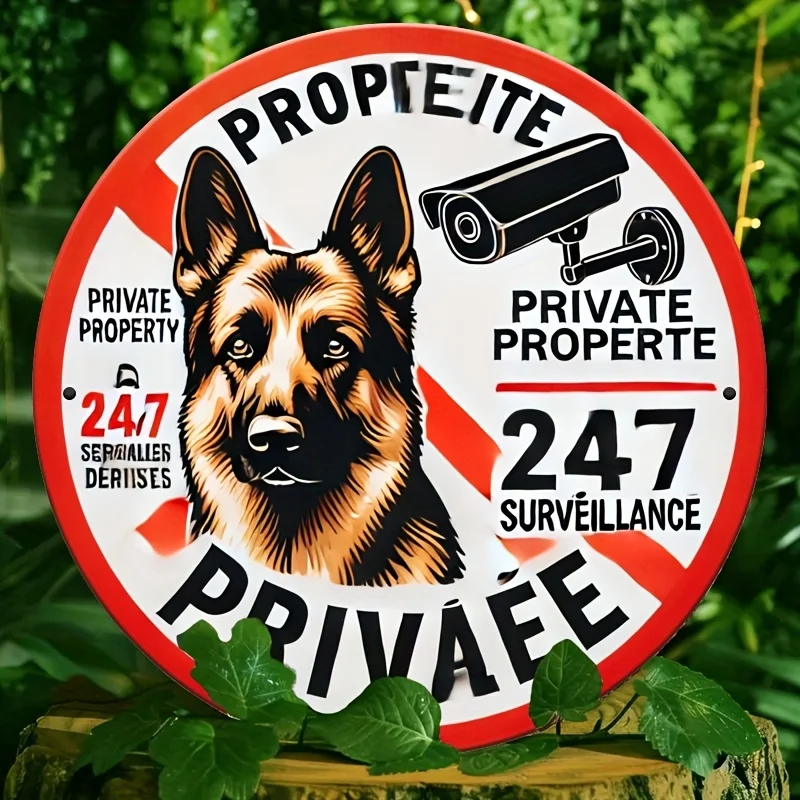 2D Flat – Ein Vintage-Metallschild, das den privaten Eigentum anzeigt, mit einem deutschen Schäferhund und einer Überwachungskamera, die 19 messen