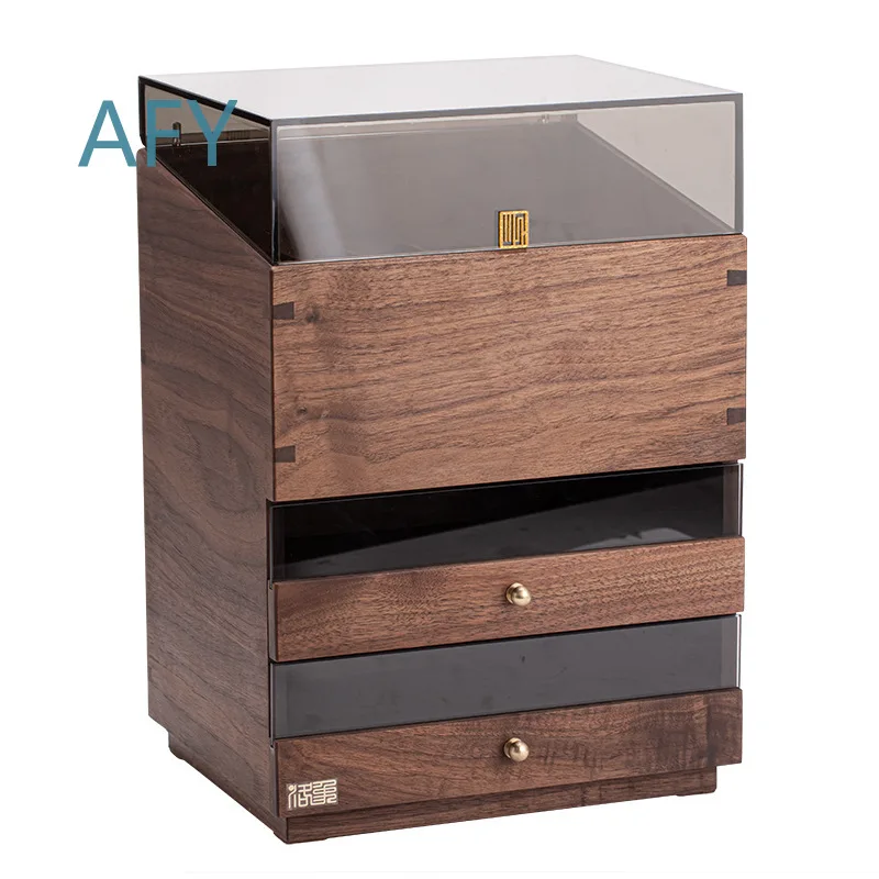 Walnut Chinese Multi-Layer Storage Cabinet for Desktop Countertop Tea Cake Dust Rack Drawer Organizer for Tea Storage