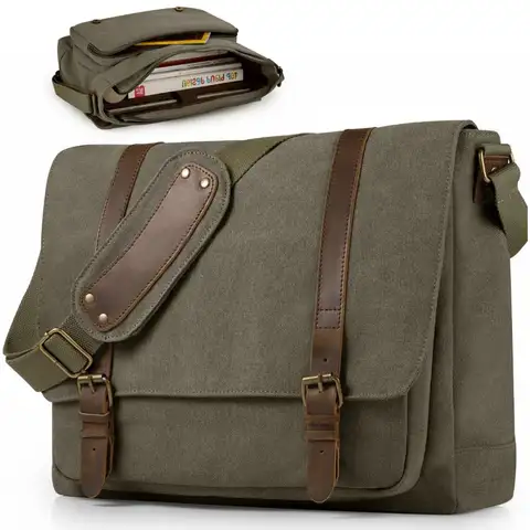 Vintage Canvas Messenger Bag for Men 15.616 inch Laptop bag,Computer Satchel Shoulder Bag for School Work Travel Green
