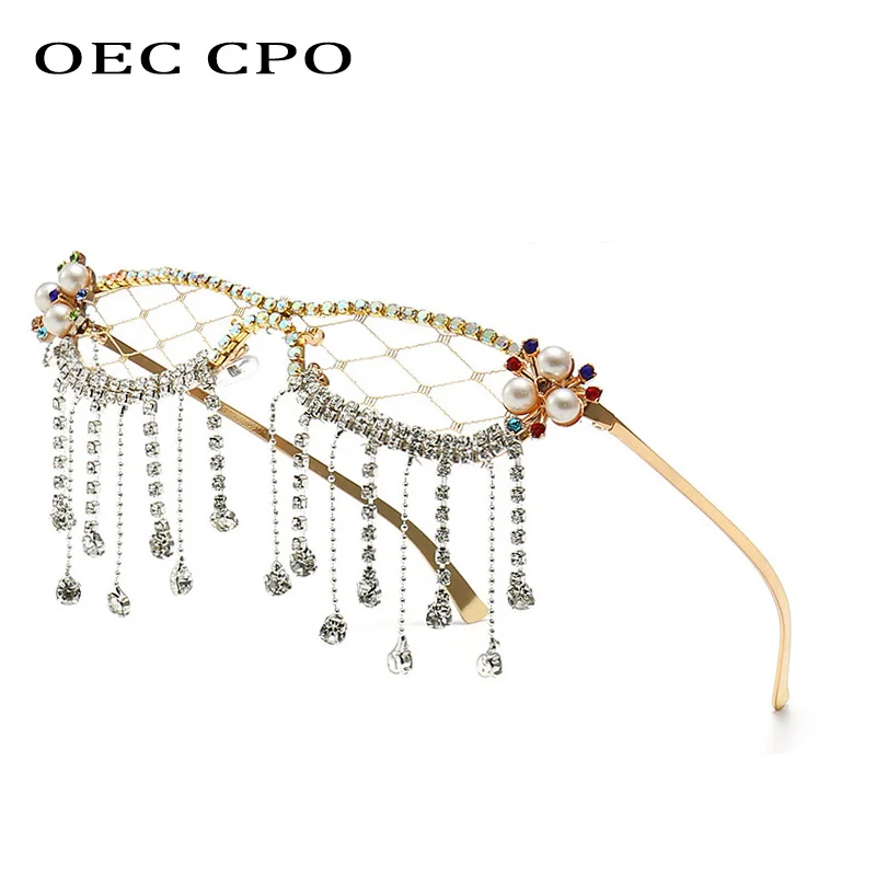 Fashion Tassel Diamonds Sunglasses Women Luxury Rhinestone Crystal Sun Glasses Female Steampunk Mesh Shades No Lens Eyewear