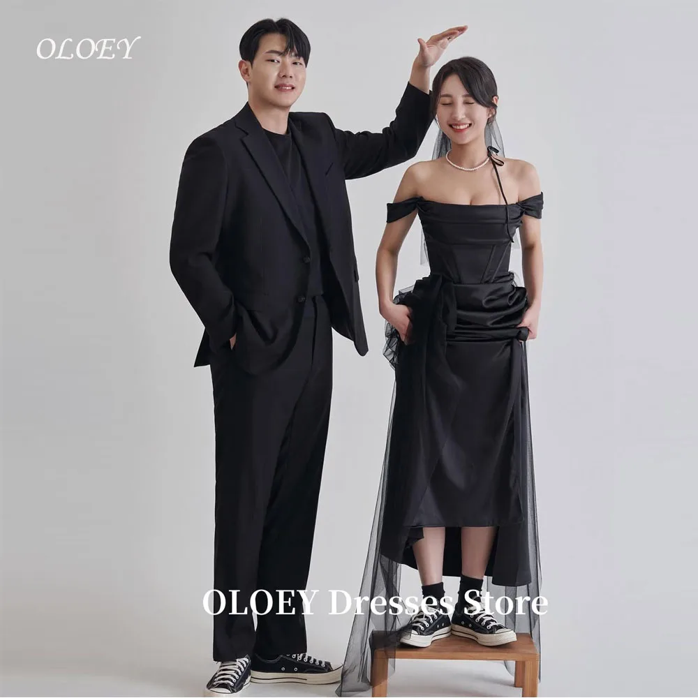 

OLOEY Off Shoulder Black Evening Party Dresses Korea Wedding Photo shoot Satin Simple Bride Gowns Formal Occasion Customized