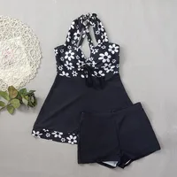 Traje de baño Tankini con estampado de flores negras, conjuntos de Bikinis para mujer, traje de baño Sexy con cuello Halter, ropa de playa, traje de baño, Bikini para mujer 2025
