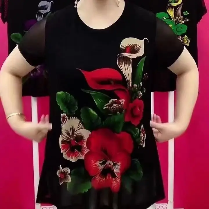 

Loose Short Sleeve Printed T-Shirt for Middle-Aged And Elderly Women Fashionable Casual Top Weight Loss Belly Covering Large ...