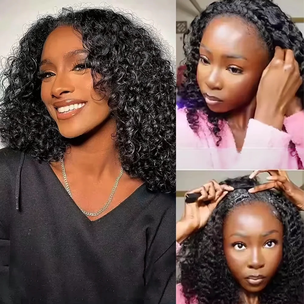 

16-дюймовые полупарики из человеческих волос, кудрявый вьющийся парик с повязкой на голову, обновленный полупарик 3 в 1, с бесшовным зажимом на шнурке, откидной парик