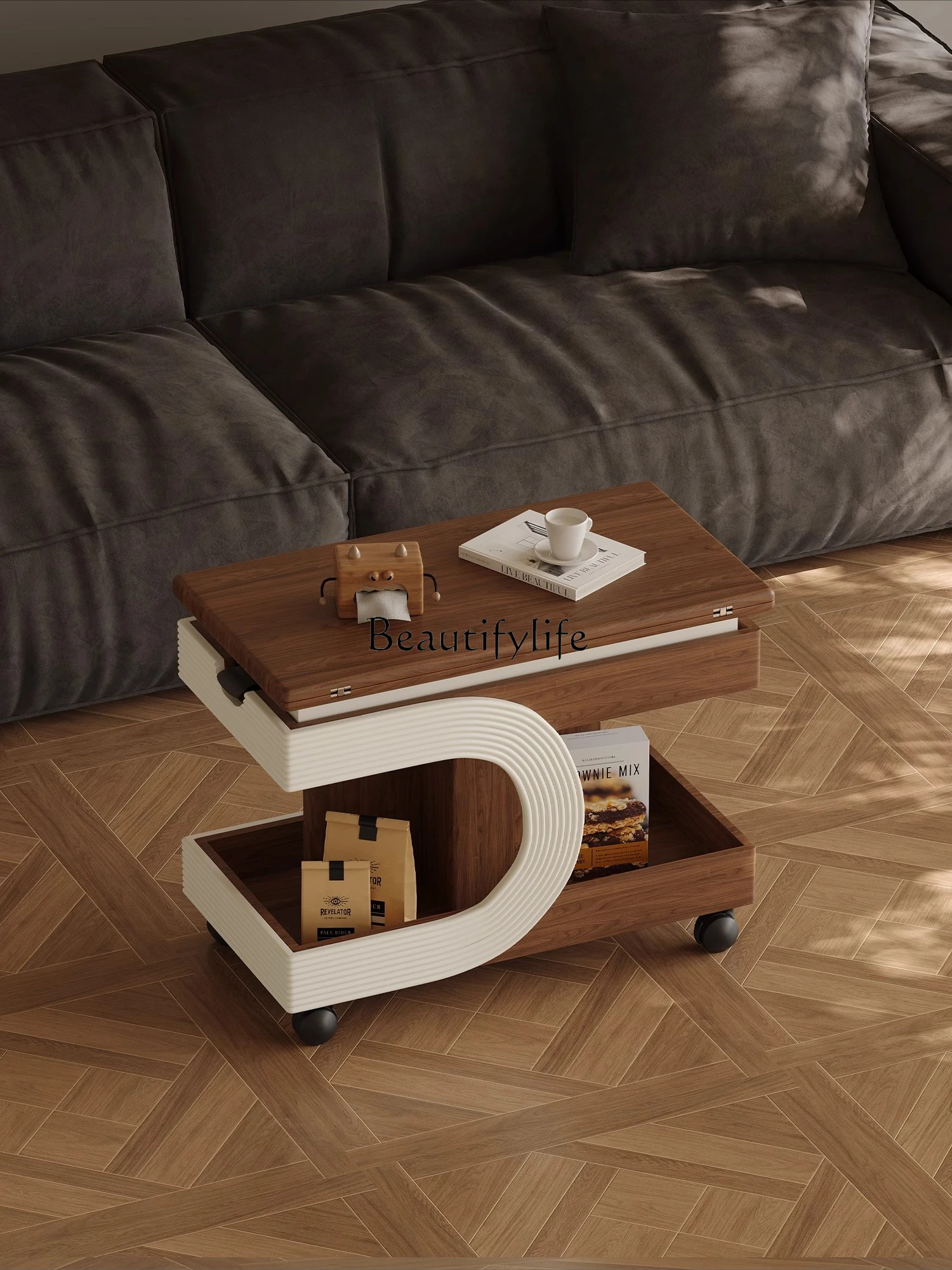 

04Medieval style coffee table movable lifting folding dining table wabi wind living room household trolley side table